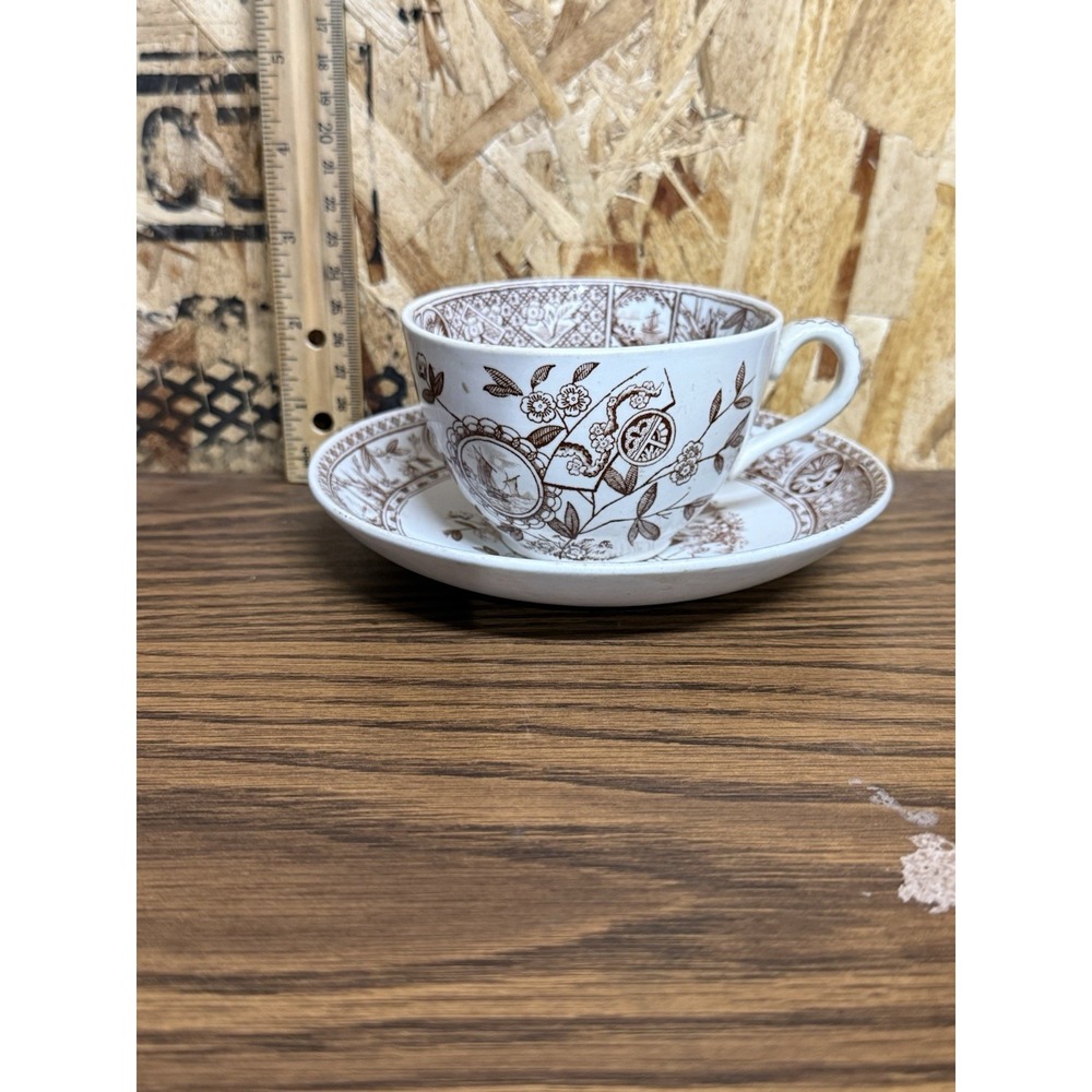 Antique T Hughes Burslem Sitka Teacup Saucer Set Brown Transferware Aesthetic